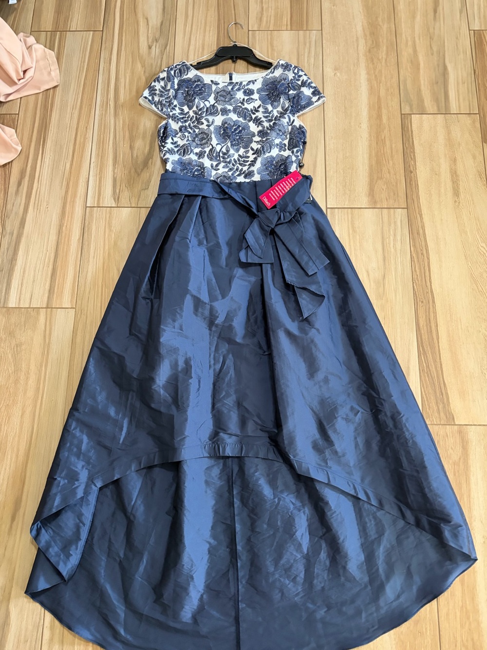 Adrianna Papell Navy Blue Sequin Floral Taffeta High-Low Evening Dress 12 NWT